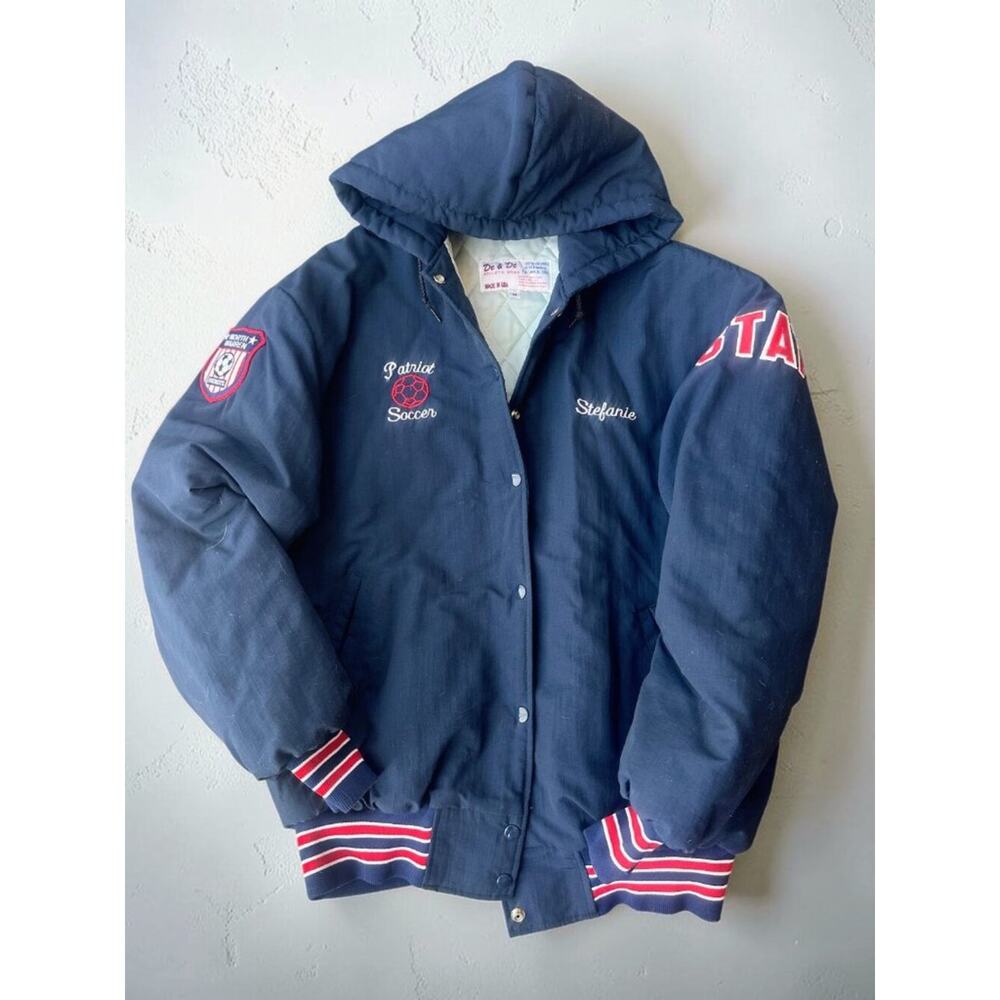 Vintage USA Varsity Soccer Jacket Womens M Hooded Snap Front Patriot Soccer